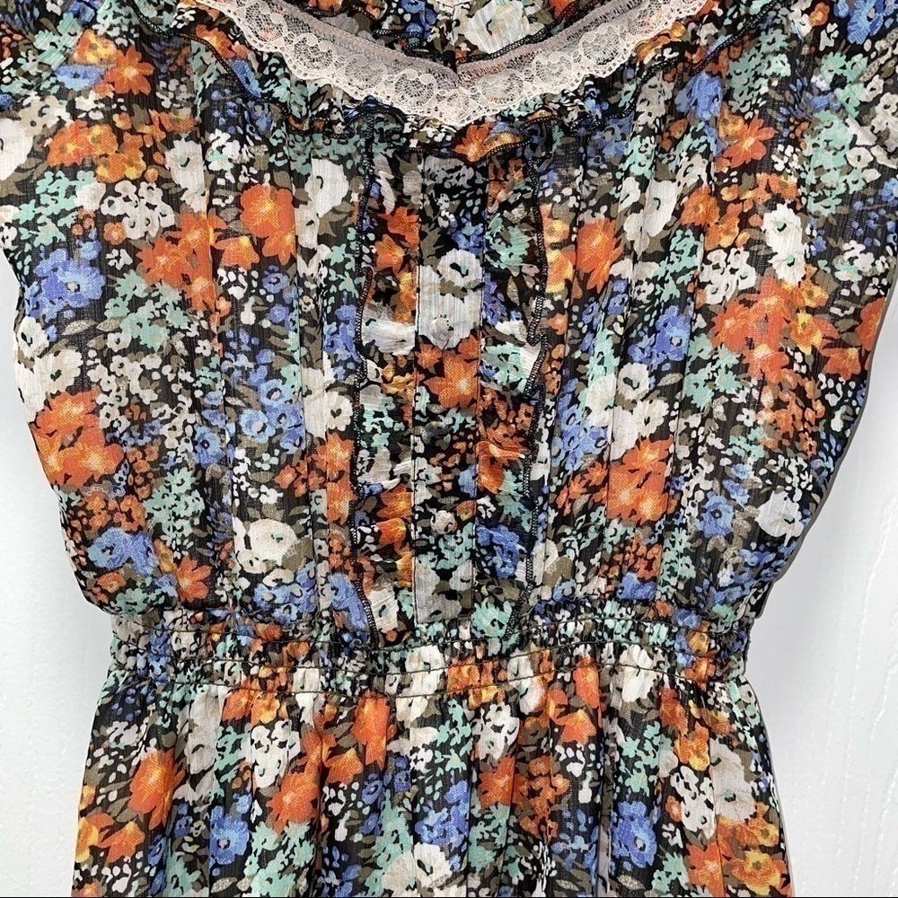 American Rag Cie Dress Mini Floral Print Lace Neckline Ruffles Fit and Flare XS - Picture 3 of 11